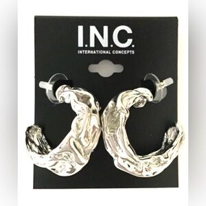 INC International Concepts Polished Silver Sculpted Hoop Earrings NWT
